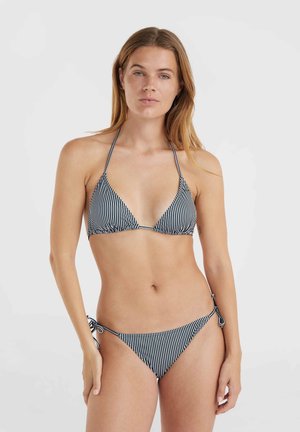 Randig bikiniuppsättning med triangelöverdel med tunna halterneckband och en låg midjebyxa med justerbara sidband, i marinblått och vitt.