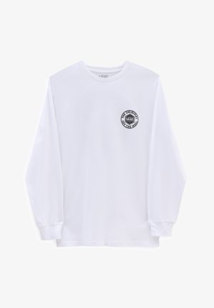 Weißes Langarm-T-Shirt aus Baumwolle mit Rundhalsausschnitt und einem schwarzen, runden Vans-Logo auf der linken Brust. Glatte Textur.