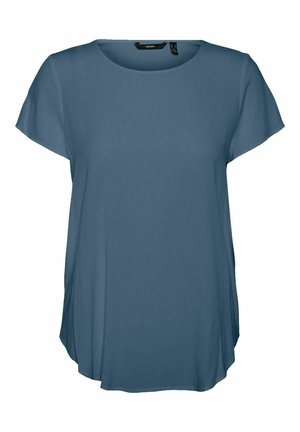 Blusa corta da donna blu a maniche corte con collo rotondo e orlo leggermente curvo, realizzata in tessuto leggero.