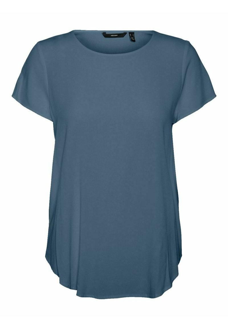 Blusa corta da donna blu a maniche corte con collo rotondo e orlo leggermente curvo, realizzata in tessuto leggero.
