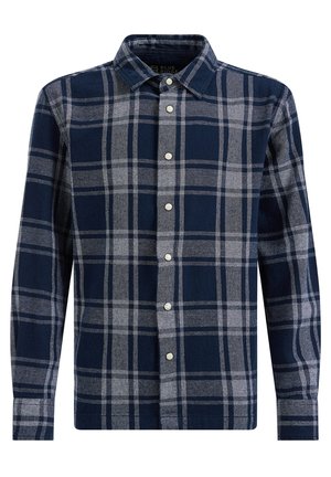 Camisa de cuadros azul marino y gris de manga larga con cuello y botones blancos en la parte delantera.