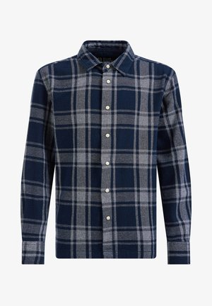 Camisa de cuadros azul marino y gris de manga larga con cuello y botones blancos en la parte delantera.