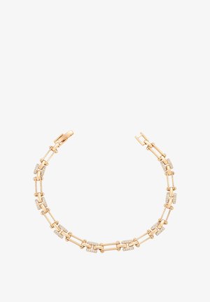 Guldring med skiftende rektangulære led og runde detaljer. Nogle led er prydet med små indlagte diamanter for ekstra nuance.