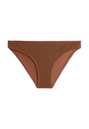 Brun tekstureret bikiniunderdel med et enkelt, sømløst design og højskårne benudskæringer på hvid baggrund.