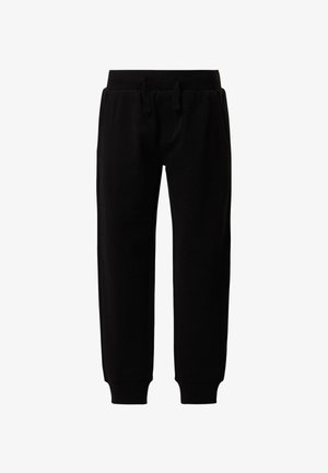 Pantalon de survêtement noir fuselé avec taille élastique, cordon de serrage, poches latérales et bords-côtes aux chevilles.