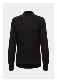 Maglione nero a maglia con colletto alto, spalle scese e trama a coste. Presenta una linea dritta e un orlo posteriore leggermente più lungo.