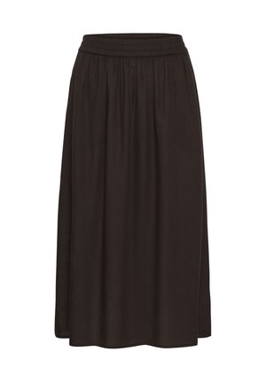 Black midi skirt with elastic waistband and a slight gathered texture, made of lightweight fabric.