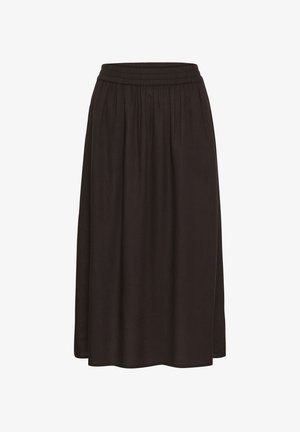 Black midi skirt with elastic waistband and a slight gathered texture, made of lightweight fabric.