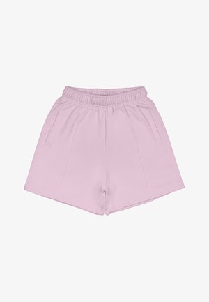 Rosa atletiska shorts med ett samlat midjeband, två sidofickor och en strukturerad yta, med en liten logotyp på fållen.