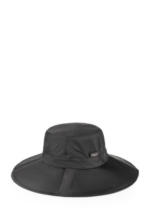 Black wide-brim outdoor hat made of lightweight fabric with a small Roeckl brand tag on the side.