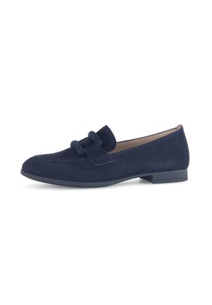 Navy suede loafer with a rounded toe, decorative bow detail on the vamp, and a low, block heel for stability. Smooth interior lining.