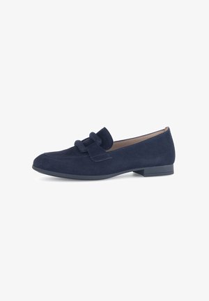 Navy suede loafer with a rounded toe, decorative bow detail on the vamp, and a low, block heel for stability. Smooth interior lining.