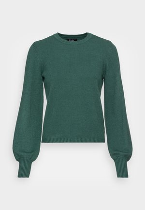 Dunkelgrüner Strickpullover mit langen Puffärmeln und gerippten Bündchen, Rundhalsausschnitt und geripptem Saum.