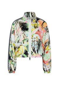 Cropped jacket featuring a vibrant tropical print with leaves, flowers, and birds. Made from lightweight material with a zip front and elastic cuffs.