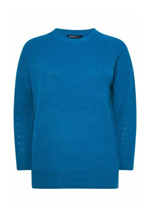 Blauer gestrickter Pullover mit Rundhalsausschnitt, langen Ärmeln und strukturiertem Rippenmuster. Verfügt über eine lockere Passform und dezente Akzentdetails an den Ärmeln.