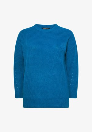Blauer gestrickter Pullover mit Rundhalsausschnitt, langen Ärmeln und strukturiertem Rippenmuster. Verfügt über eine lockere Passform und dezente Akzentdetails an den Ärmeln.