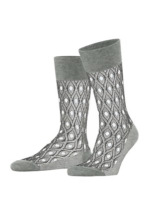 Gray socks with a ribbed cuff, featuring an intricate diamond pattern in black and white, with contrasting toe and heel sections.