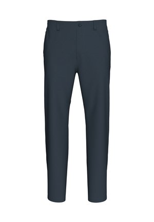 Pantaloni da uomo slim fit di colore blu scuro con chiusura a bottone e passanti per cintura, mostrati su uno sfondo bianco semplice.