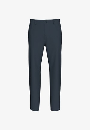 Pantaloni da uomo slim fit di colore blu scuro con chiusura a bottone e passanti per cintura, mostrati su uno sfondo bianco semplice.