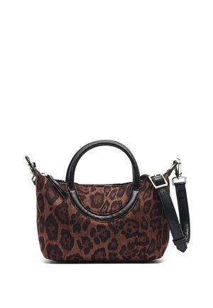 Brown and black leopard print handbag with round black handles and detachable black shoulder strap against white background.
