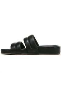 Black leather slide sandals with three twisted straps, flat sole, and a smooth texture. Edges are rounded, providing a simple design.