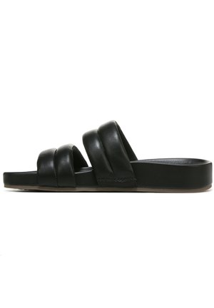 Black leather slide sandals with three twisted straps, flat sole, and a smooth texture. Edges are rounded, providing a simple design.