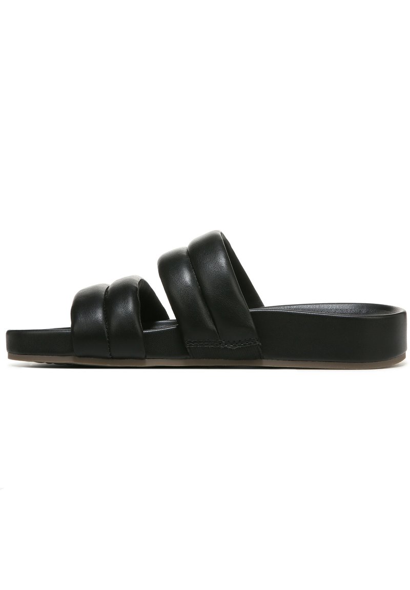 Black leather slide sandals with three twisted straps, flat sole, and a smooth texture. Edges are rounded, providing a simple design.
