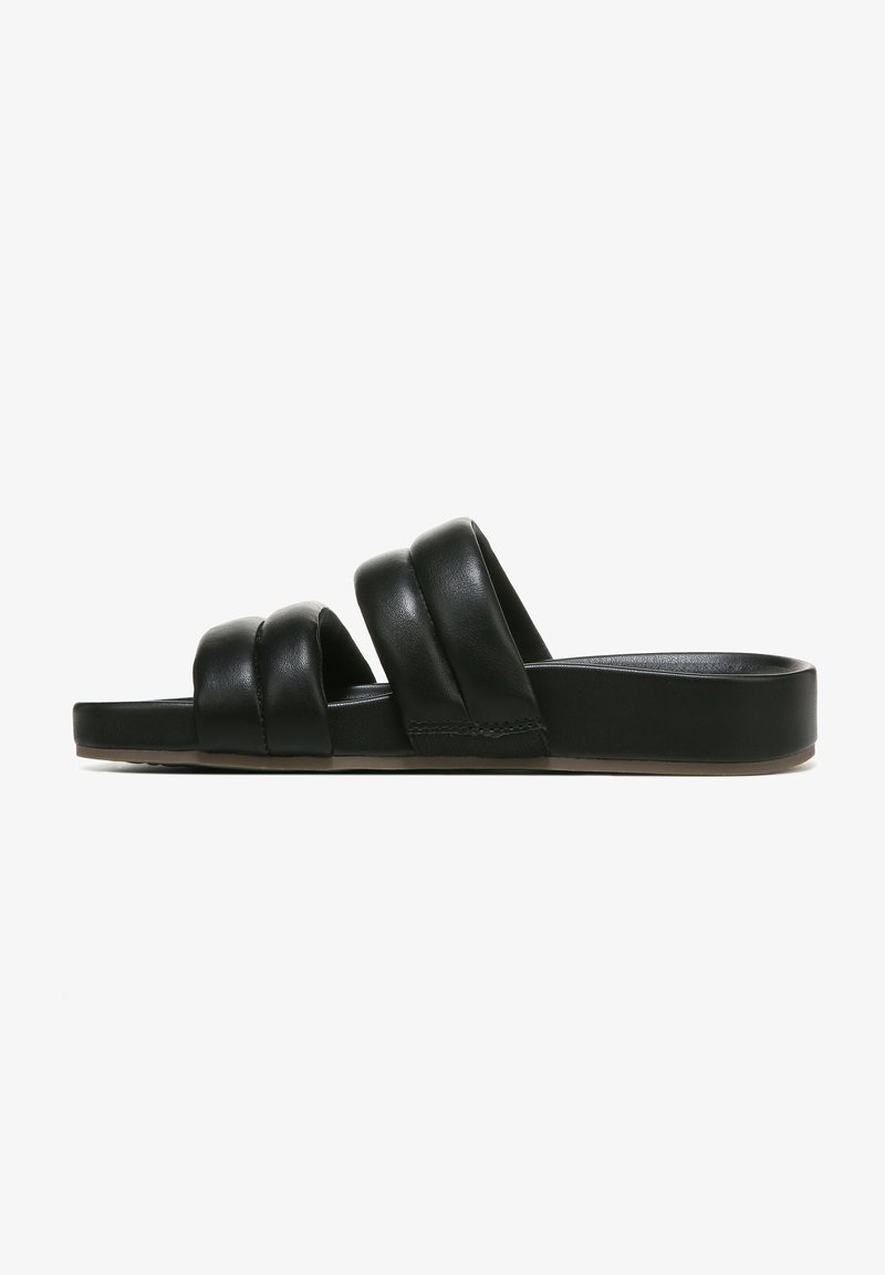 Black leather slide sandals with three twisted straps, flat sole, and a smooth texture. Edges are rounded, providing a simple design.