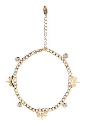 Guld kædearmbånd med tre guldsmykket insektvedhæng og fire små runde krystalknapper, med justerbar lås og mærke.