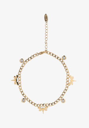 Złota bransoletka łańcuchowa z trzema złotymi zawieszkami w kształcie owadów i czterema małymi, okrągłymi kryształkami, wyposażona w regulowane zapięcie i metkę.