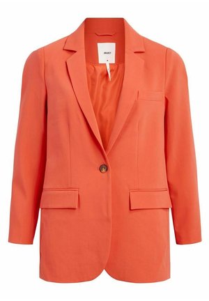 Enkeltknappet koraelorange blazer med hakkeslag, to klaplommer, brystlomme med åbning, lange ærmer og glat for.