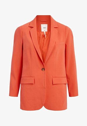 Yksirivinen korallinoranssi bleiser lovikauluksilla, kahdella läppätaskulla, rintataskulla, pitkillä hihoilla ja sileällä vuorella.