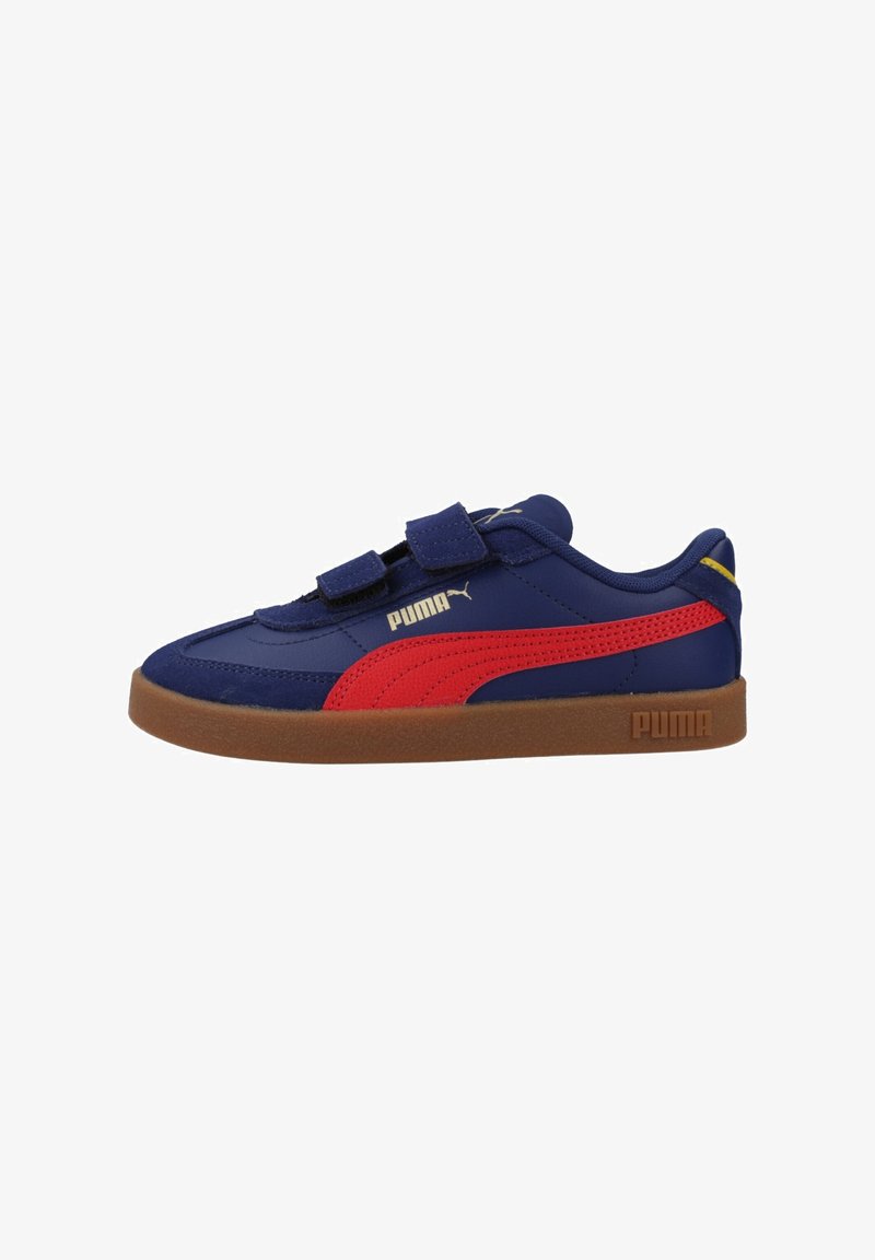 Baskets Puma bleues avec bande latérale rouge, deux brides Velcro, semelle marron et logo Puma sur le côté et le talon.