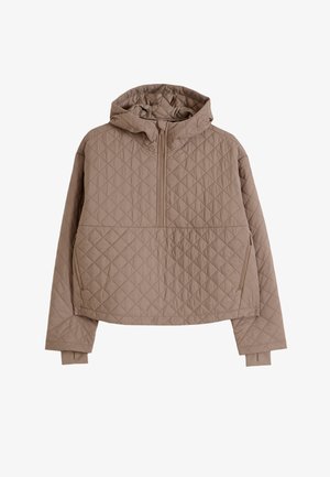 Giacca trapuntata marrone chiaro con cappuccio, mezza cerniera frontale, maniche lunghe, tasche laterali e polsini aderenti che si estendono all'interno delle maniche.