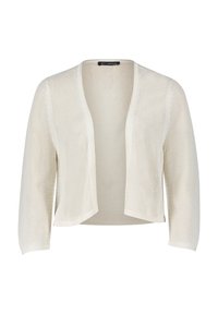 Open-front cardigan in lichtcrème, gemaakt van textuur, ademend breimateriaal. Heeft driekwart mouwen en een losse pasvorm.