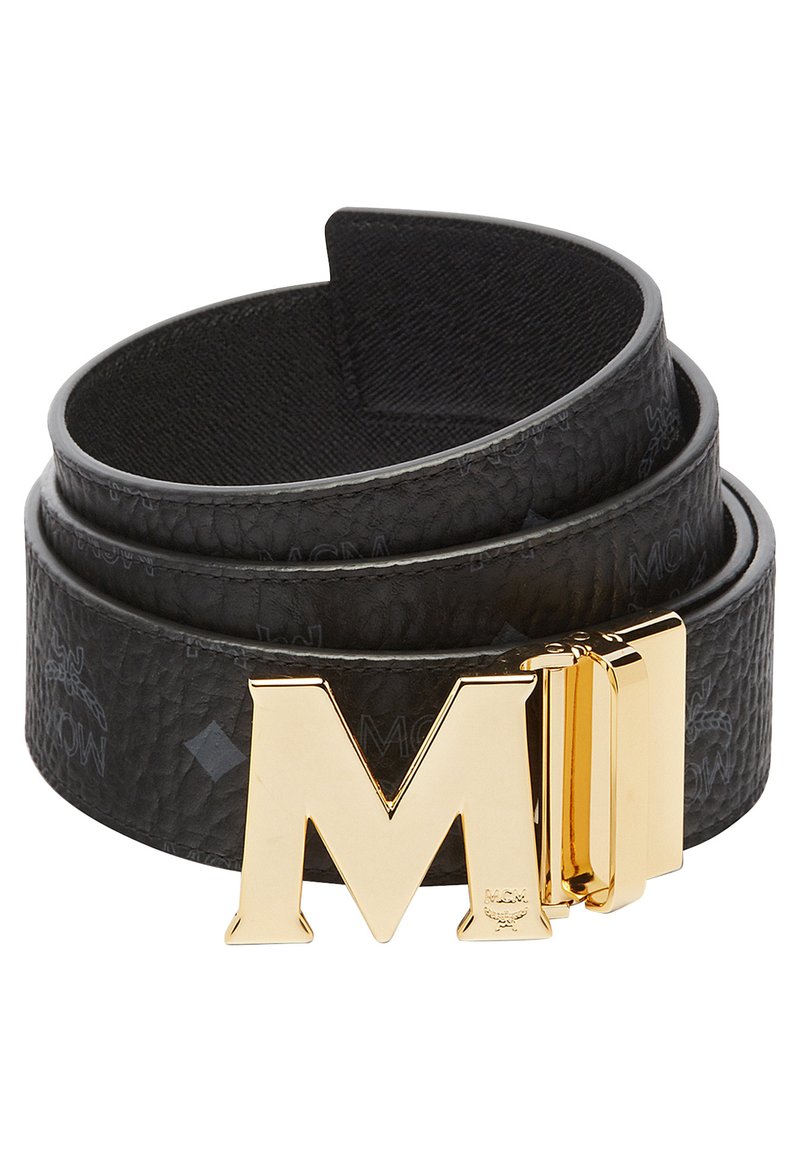 Black leather belt featuring a gold metal buckle with an "M" design. The belt has a textured finish and embossed logo details.