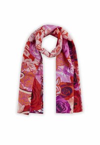 Écharpe à motif floral présentant des nuances de rouge, rose et violet. Tissu léger et transparent avec une texture douce et de grands motifs de roses vibrants.