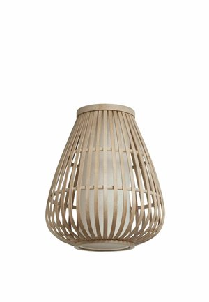 Hanging wooden light fixture with vertical slats surrounding a central frosted bulb cover, shaped like a rounded cone.