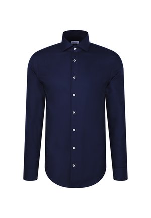 Navy blue long-sleeve shirt made of textured fabric, featuring a spread collar, front button closure, and white buttons along the placket.
