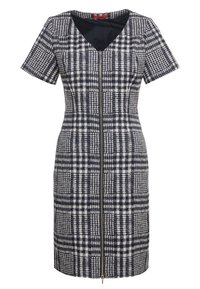 Robe à carreaux bleu marine et blanche avec manches courtes, col en V et fermeture éclair à l'avant. Coupe structurée avec une texture lisse et une longueur jusqu'aux genoux.