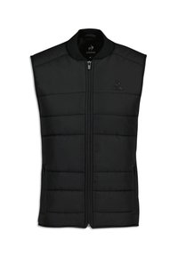 Czarna ocieplana kamizelka z zapięciem na zamek, prążkowanym kołnierzem i dwoma bocznymi kieszeniami. Posiada poziome przeszycia i subtelne logo na piersi.