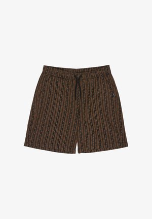 Shorts mit elastischem Bund in Braun mit einem vertikalen Streifenmuster in Schwarz und Hellbraun. Mit Kordelzug und seitlichen Nahttaschen ausgestattet.