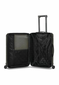 Valigia rigida di colore verde scuro, dotata di manico retrattile, quattro ruote e ampio interno nero con tasca con cerniera e cinghie incrociate.