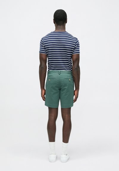 Μπλε-θαλασσί ριγέ κοντομάνικη μπλούζα, σε συνδυασμό με πράσινα σόρτς. Το μοντέλο φορά λευκές κάλτσες και αθλητικά παπούτσια, παρουσιάζοντας μια όψη από πίσω.