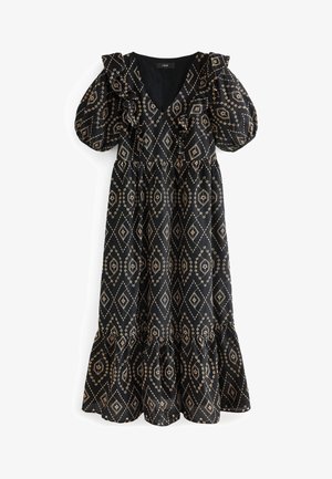 Robe midi noire avec manches bouffantes, col en V à volants, motif géométrique beige en forme de chaîne de losanges et ourlet évasé.