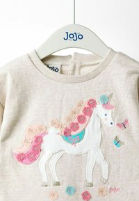 Vala beige sweatshirt, jossa on voimakkaasti kirjailtu yksisarvinen, joka on koristeltu kukilla ja perhosilla pinkeillä, sinisillä ja vihreillä vivahteilla.