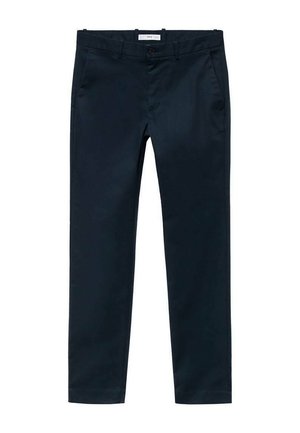 Navy chinos made of smooth fabric, featuring a straight-leg design, single front and back pockets, and a front button closure.