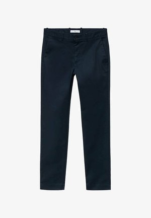 Granatowe chinosy wykonane z gładkiego materiału, charakteryzujące się prostym krojem nogawki, pojedynczymi kieszeniami z przodu i z tyłu oraz zapięciem na przedni guzik.