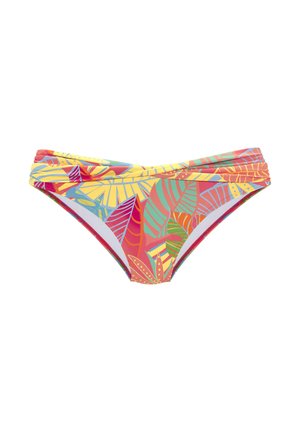 Bunt gemusterte Bikinihose mit einem tropischen Blattdesign in Gelb, Rot und Grün. Glattes, elastisches Material mit klassischem Schnitt.