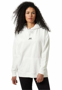 Witte hoodie met trekkoordkap, voorkeurszak en zwart logo "Helly Hansen". Gemaakt van zachte stof met een relaxte pasvorm en lange mouwen.